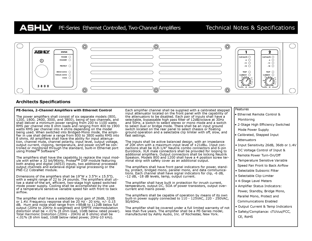 Ashly 1200, 2400, 3800 specifications Technical Notes & Specifications, Architects Specifications 